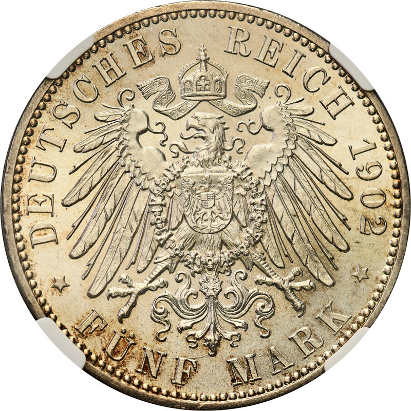 Niemcy, Saksonia. 5 marek 1902 E, Muldenhütten NGC MS63+ - Piękne